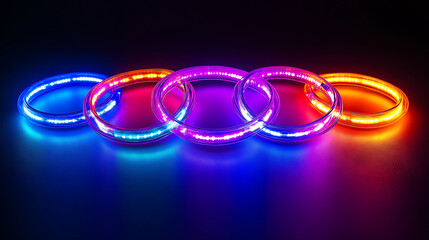 Glowing neon circles interlocked abstract design on dark background represents futuristic technology and connected networks
