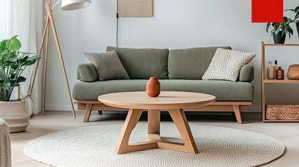 A modern living room with a light-colored rug, a wooden coffee table, and a sage green sofa.