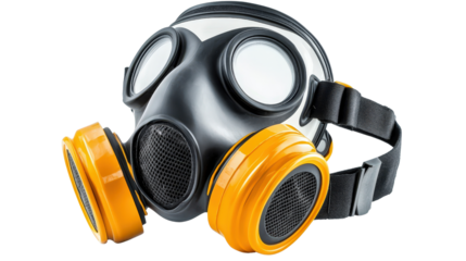 Industrial gas mask with dual filter cartridges and exhalation valve, Transparent background, PNG file