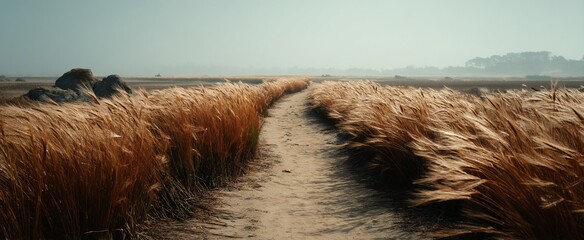 Golden path through a field of tall grasses