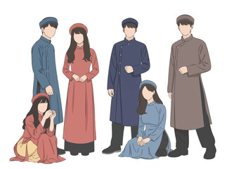 Minimalist Flat Illustration of Group of People Wearing Traditional Vietnamese Ao Dai