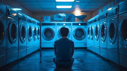 A solitary man sits alone in a glowing laundromat at night, observing washing machines, evoking quiet introspection and urban solitude