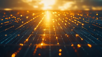 Golden pathway,  illuminated by a vibrant sunrise.  Perspective leading to light