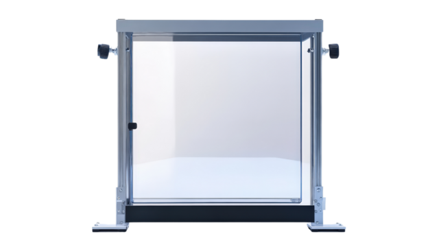 Lab safety shield with clear panel and adjustable frame, used for chemical splash protection, Transparent background, PNG file