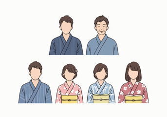 Minimalist Style Faceless Family in Yukata Japanese Summer Festival Clothing