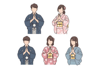 Flat Lineart People Wearing Kimono Praying Together Illustration Asset