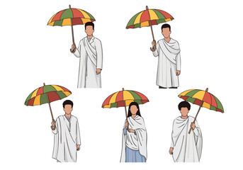 Colorful Handdrawn Pilgrims with Umbrella Group of People Illustration