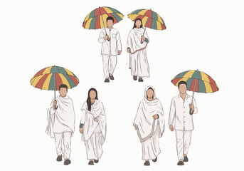 Flat Illustration Group of People Pilgrimage Wearing White Clothes with Umbrella