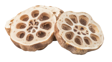 Lotus root sliced to reveal patterned holes, firm texture, Transparent background, PNG file