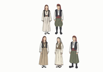 Simple Flat Design People in Traditional Albanian Folk Costume Group Illustration