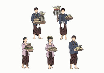 Handdrawn Colored Street Vendor Seller with Traditional Bali Offerings Illustration