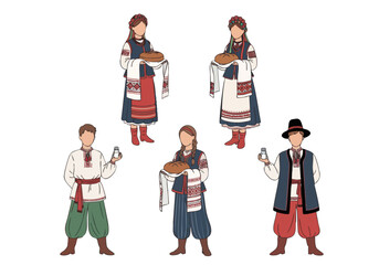 Handdrawn Style Authentic Ukrainian People Carrying Bread Culture Illustration