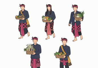 Flat Illustration Group of Balinese People Carrying Offering Basket Character