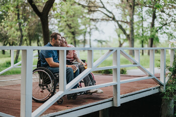 A couple in wheelchairs shares a tranquil moment on a wooden bridge surrounded by lush greenery and...