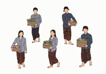 Simple Line Art Traditional Market Vendor with Rattan Basket Illustration