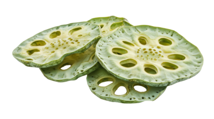 Lotus stem slices showing tubular holes, crunchy aquatic vegetable, Transparent background, PNG file