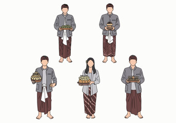 Flat Design Balinese Hindu People Holding Offering Ceremony Illustration