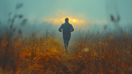 A solitary figure runs barefoot through a mystical, fog-covered field at sunrise, embodying freedom, determination, and connection with nature