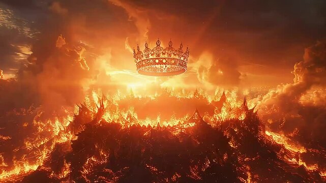 ornate royal crown floating above fire flames with dramatic lighting footage