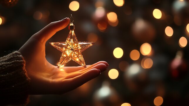 Hand holding glowing star ornament, bokeh Christmas lights - Powered by Adobe