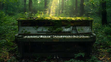 An old, moss-covered piano sits in a sun-dappled forest glade, bathed in ethereal light, symbolizing nature reclaiming forgotten artistry