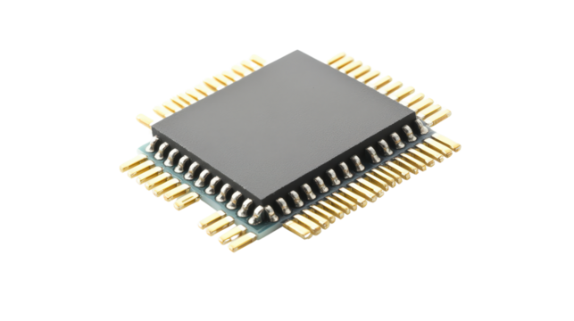 Microcontroller chip and ICs with visible pins, Transparent background, PNG file