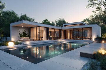 Fototapeta premium Modern luxury home exterior with swimming pool at dusk