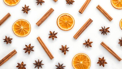 Fototapeta premium Aromatic pattern of cinnamon sticks star anise and dried orange slices