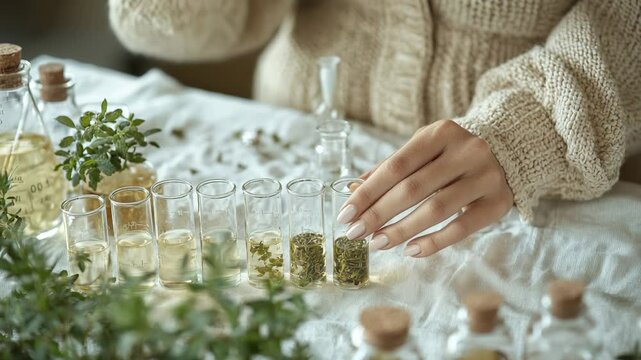 Mixing various herbs and essential oils in a warm, inviting atmosphere. The workspace features glass vials and fresh greenery, creating a serene environment for fragrance creation.