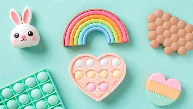 Collection of colorful sensory fidget toys including a bunny rainbow and heart shapes