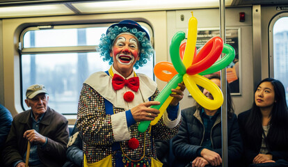 Cheerful Clown Making Balloon Animals on Subway Train – Colorful Urban Lifestyle Moment Captured in Ultra High Resolution