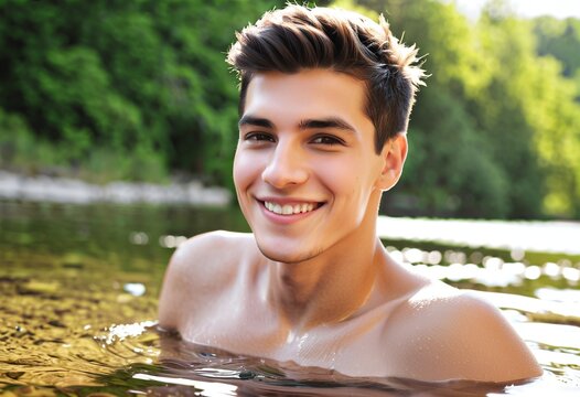 Portrait of a young man soaked in natural water with copy space