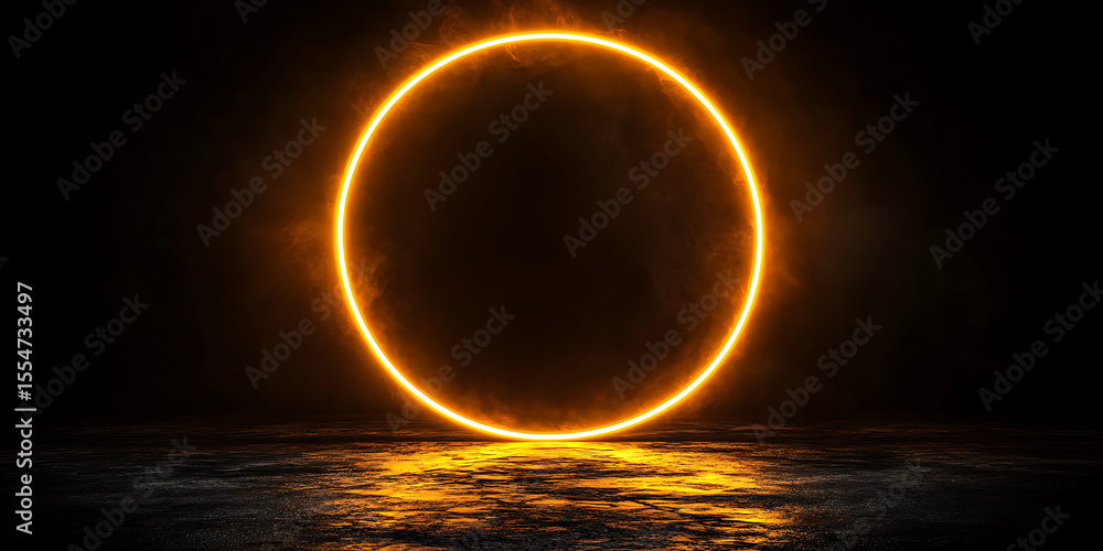 Poster glowing orange circle portal reflecting on dark wet surface abstract space age style futuristic rend