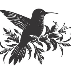 Black Vector Hummingbird Silhouette Perched – Floral Bird Clipart for Garden Art and Nature Graphics