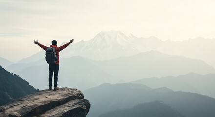 Obraz premium Mountain Peak Success: Hiker's Victory on Rocky Summit