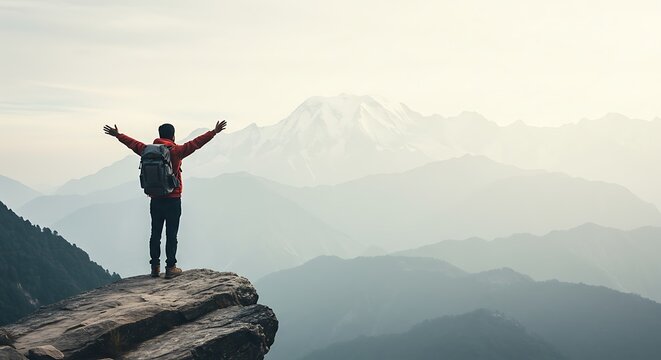 Mountain Peak Success: Hiker's Victory on Rocky Summit
