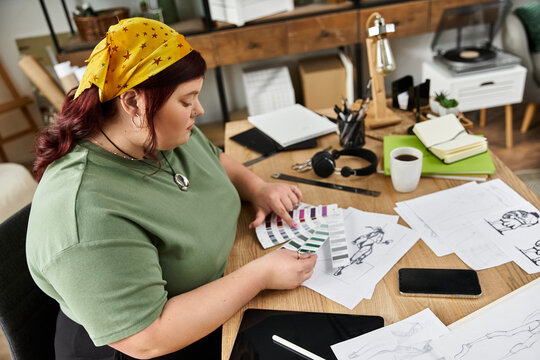 Elegant woman immersed in creativity at a vibrant art studio workspace