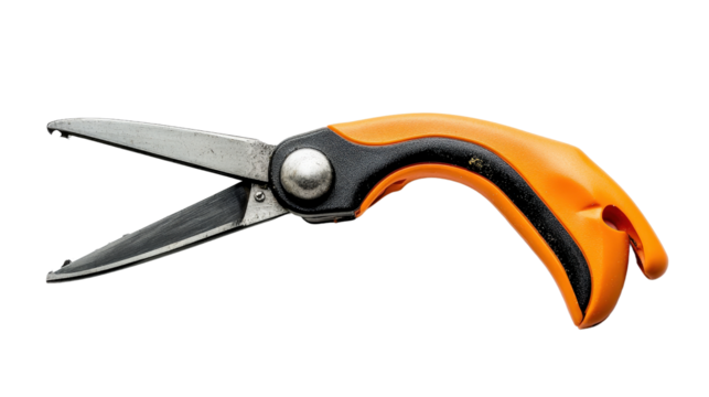 Handheld pruning shears with orange grips Transparent background, PNG file