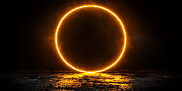 Glowing orange circle portal reflecting on dark wet surface abstract space age style futuristic rendering evoking a sense of wonder and exploration