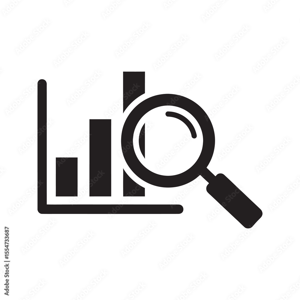 Poster data analysis icon with a magnifying glass over a bar chart for business research market statistics 