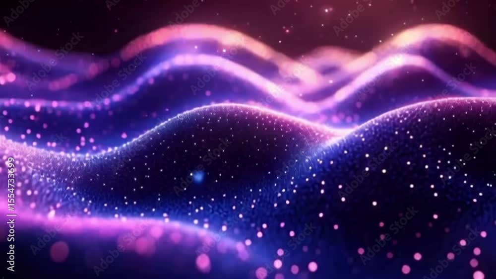 Poster abstract digital illustration of flowing, undulating waves with sparkling particles, creating a vibr
