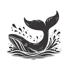 Naklejka premium Whale tail silhouette splashing water black vector for ocean wildlife art marine clipart and nature designs