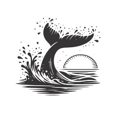 Black Vector Whale Tail Silhouette Splashing Water – Ocean Wildlife Art, Marine Clipart, and Nature Designs