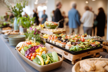 Obraz premium Vegan catering table with colorful plant-based finger foods, eco-friendly serving ware