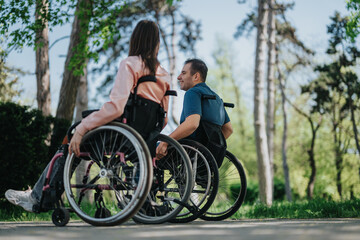 A cheerful couple using wheelchairs is spending quality time outdoors, enjoying the fresh air surrounded by lush greenery in a serene park setting.