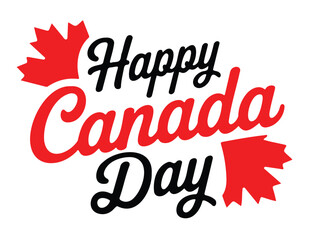 "Happy Canada Day" Script in Red and Black with Maple Leaf Accents
