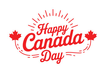 Festive "Happy Canada Day" Red Script with Sunburst and Maple Leaves
