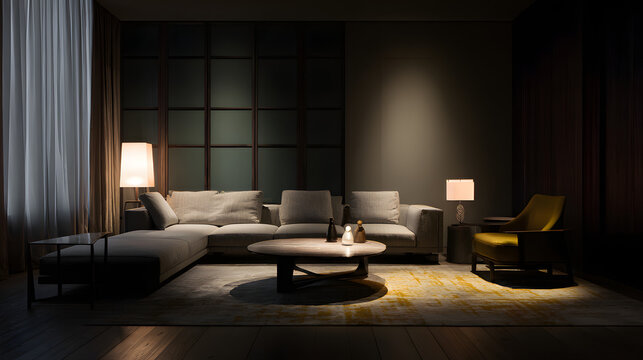 Minimalist living room with dim lighting and elegant furniture