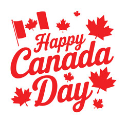 Happy Canada Day Red Typography with Stylized Flag and Floating Maple Leaves

