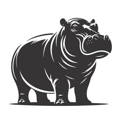 Fototapeta premium Black vector standing hippo silhouette for safari animal art water creature clipart wildlife and nature inspired designs